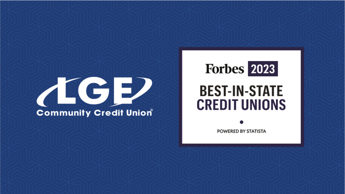 LGE logo and Forbes 2023 Best-in-State Credit Unions logo on blue background