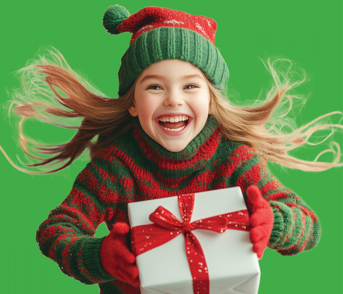 Young girl jumping with Christmas gift